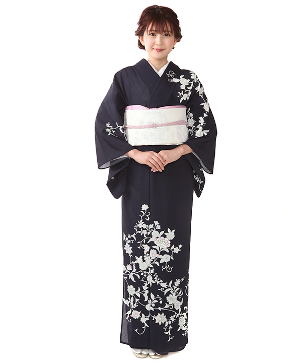 絽 訪問着レンタル（夏用）｜濃紺に唐花文 刺繍あり｜H0313｜M｜宅配
