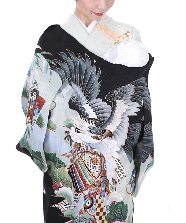 お宮参り産着レンタル 男の子｜黒地に鷹と松に熨斗目｜U0050｜宅配着物