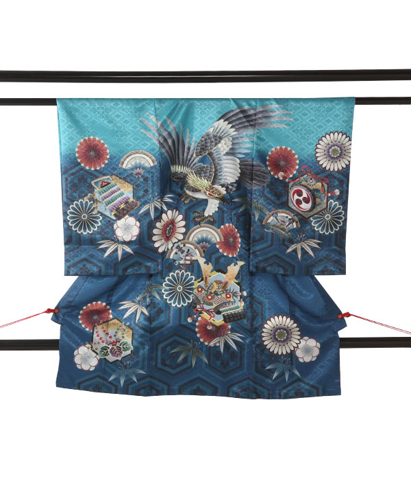 お宮参り産着レンタル 男の子｜ターコイズブルーに鷹と飛鶴｜U0163