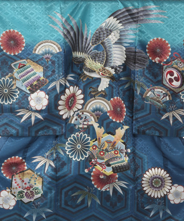 お宮参り産着レンタル 男の子｜ターコイズブルーに鷹と飛鶴｜U0163