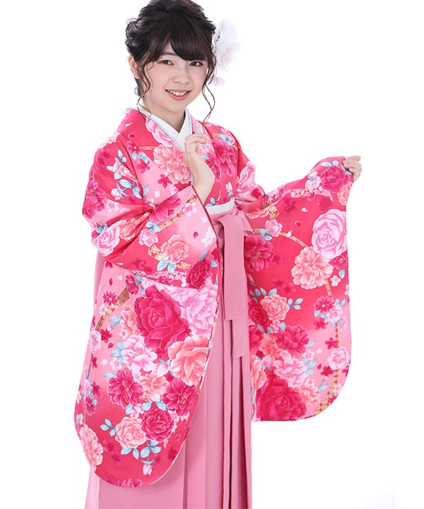 卒業式袴レンタル｜濃ピンクに牡丹二尺袖着物×ピンク無地袴｜S0058 F