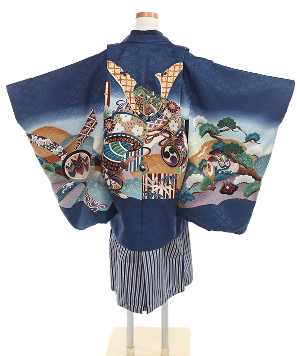 七五三(五歳男の子)着物レンタル｜兜柄紺色羽織 紺着物×紺縞袴｜W-B-5