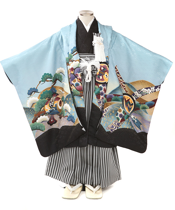 七五三(五歳男の子)着物レンタル｜鷹柄水色羽織 黒着物×黒縞袴｜W-B-5