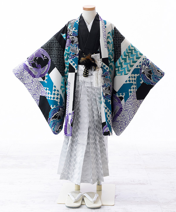 七五三(五歳男の子)着物レンタル｜【榛原】幾何学文様柄羽織 黒着物×銀