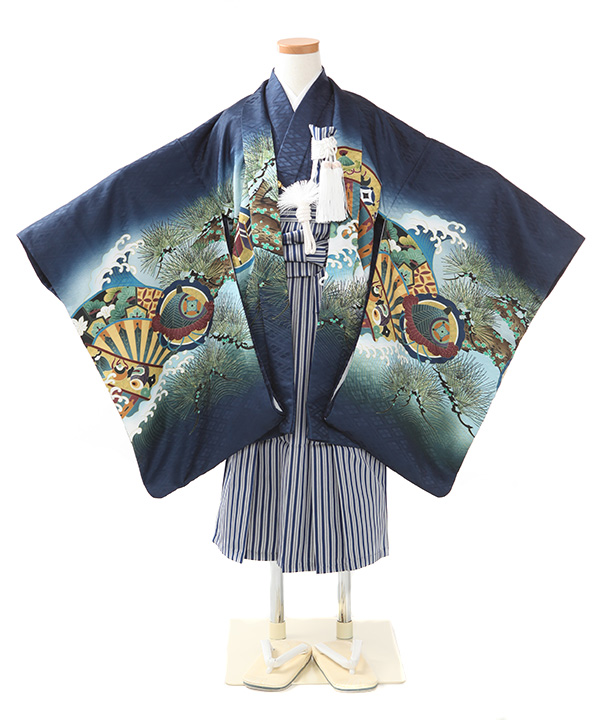 七五三(五歳男の子)着物レンタル｜兜に波頭柄羽織 紺着物×紺縞袴｜W-B