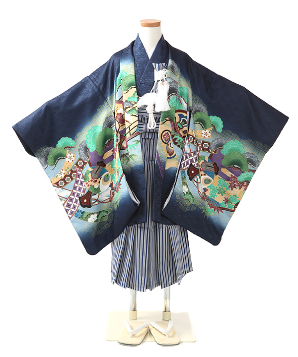 七五三(五歳男の子)着物レンタル｜鷹に松柄羽織 黒着物×黒縞袴｜W-B-5