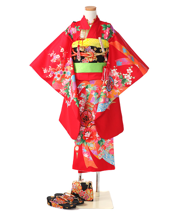 506ag2□七五三 七歳 女児 着物&袋帯&長襦袢 金彩 扇 桜□美品 506ag2