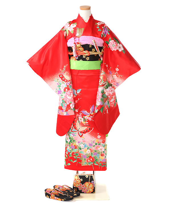 七五三(七歳女の子)着物レンタル｜赤に牡丹と蝶柄着物×黒作り帯｜W-G-7
