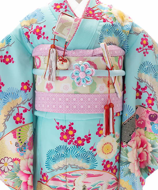 七五三(七歳女の子)着物レンタル｜【乙葉】水色に扇と松梅柄着物