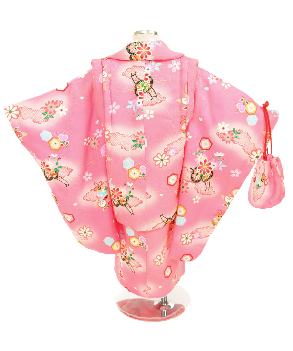 七五三(三歳女の子)着物レンタル｜雲取り花車柄ピンク色着物×ピンク色