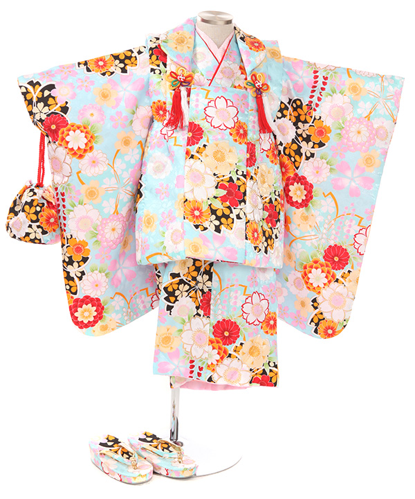 七五三(三歳女の子)着物レンタル｜桜柄水色着物×水色被布｜W-G-3-87