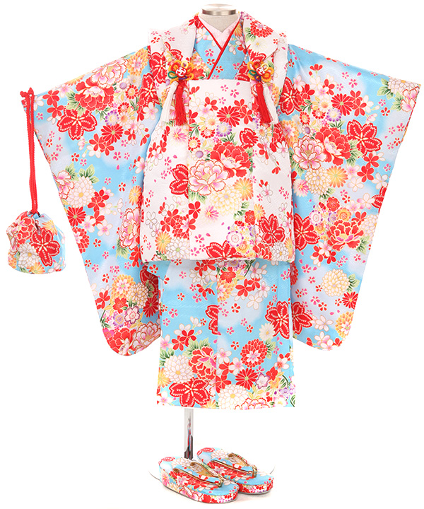 七五三(三歳女の子)着物レンタル｜牡丹柄水色着物×白被布｜W-G-3-96