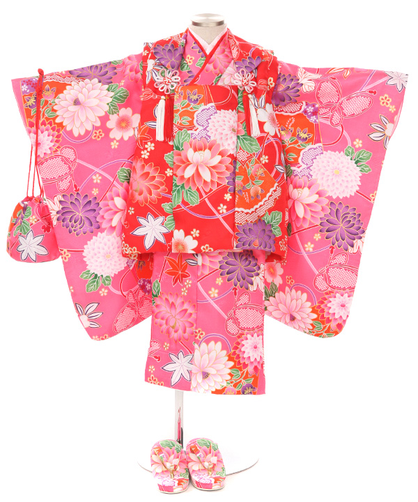 七五三(三歳女の子)着物レンタル｜菊柄ピンク色着物×赤被布｜W-G-3-90