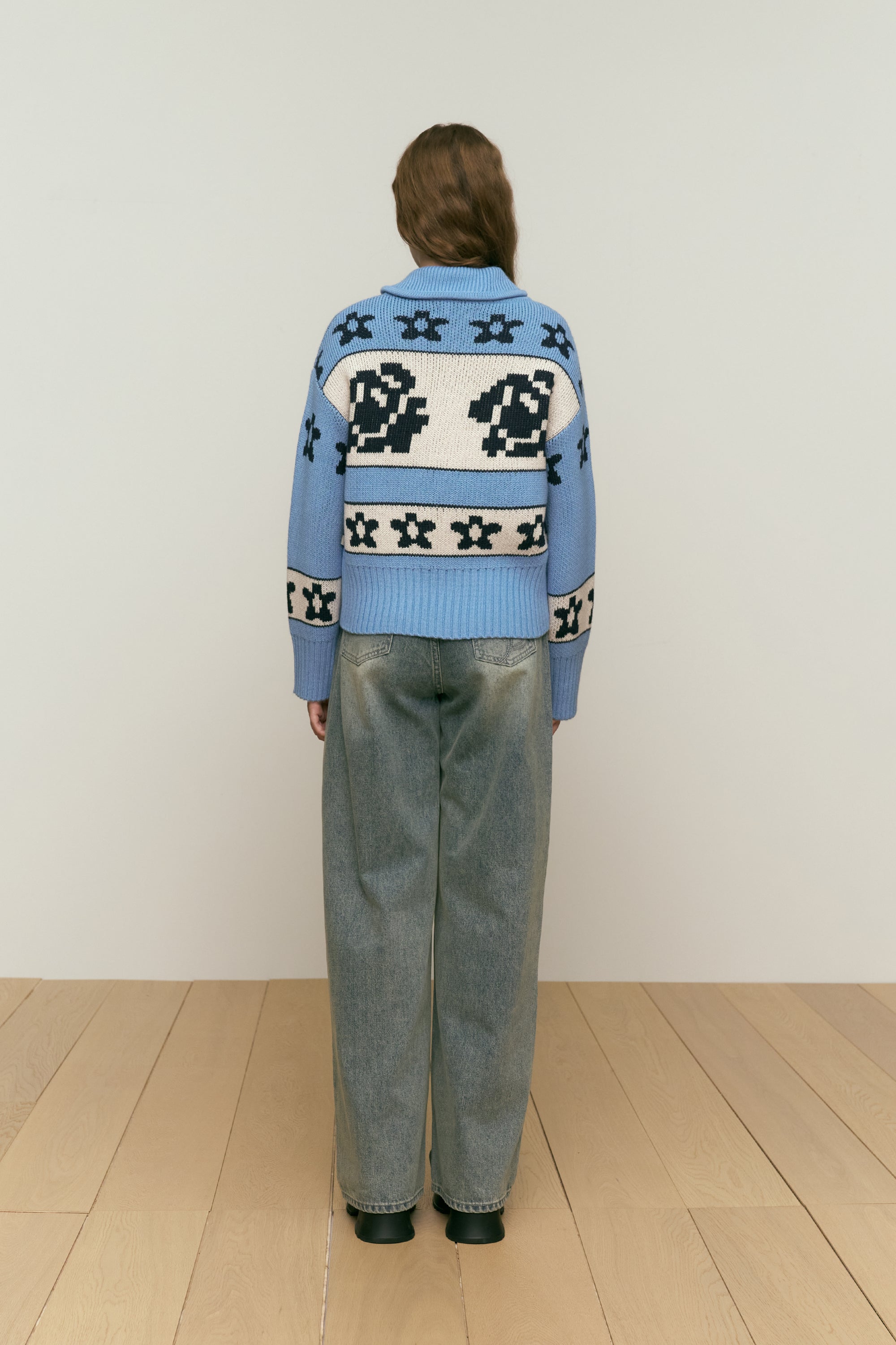 ウールカウチンニットジップアップ【ブルー】