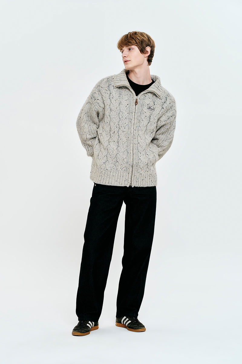 UNI ロゴワッペンケーブルカラーニットジップアップ【ライトグレー】