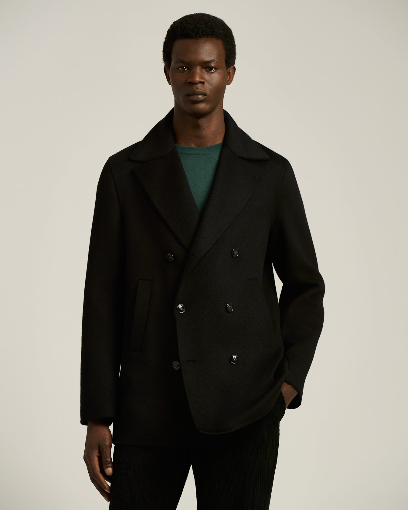 Double-breasted overcoat in pure black cashmere | Kiton