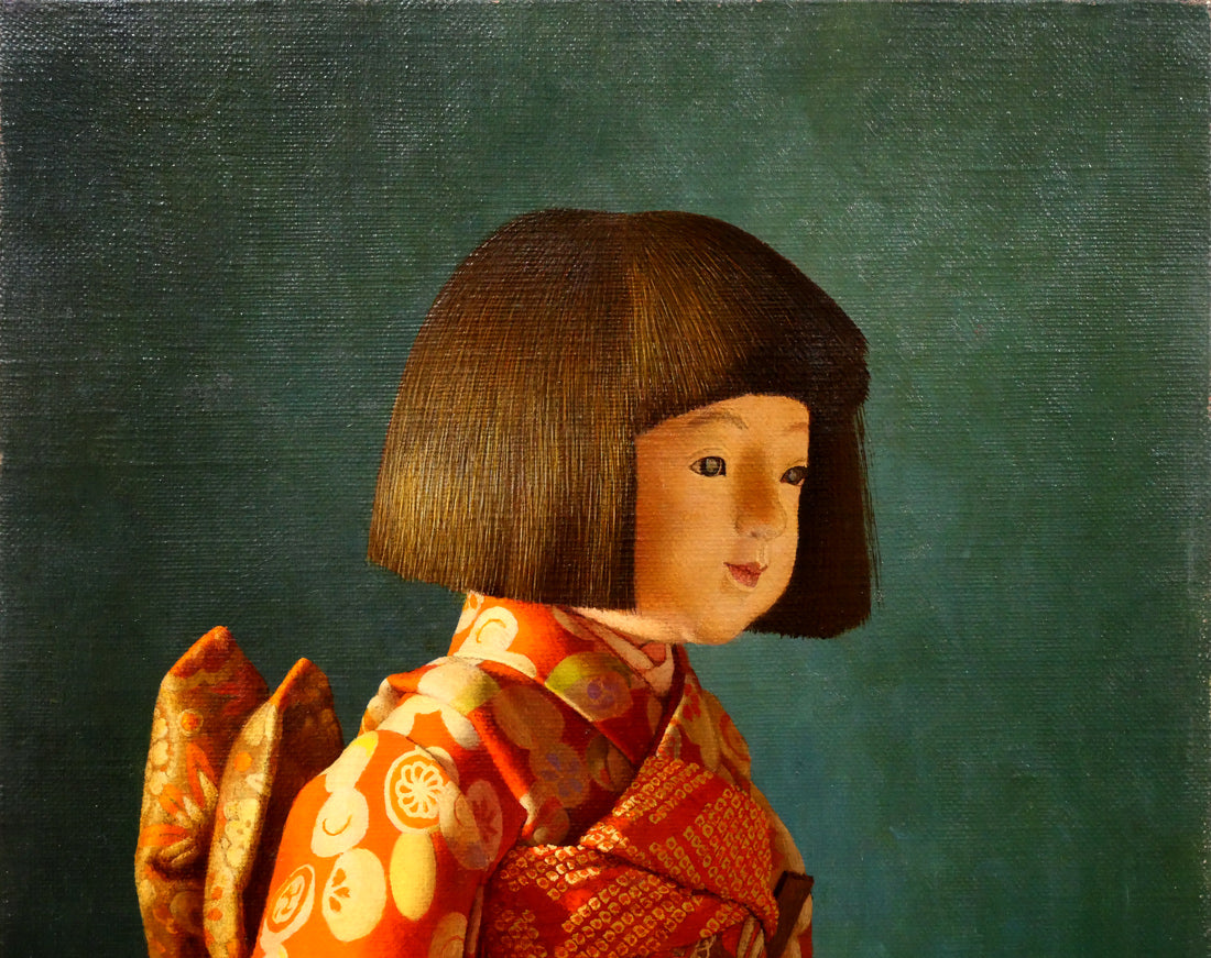 余村展「人形（市松人形）（白額）」油絵・F6号 絵画買取・販売の小竹美術