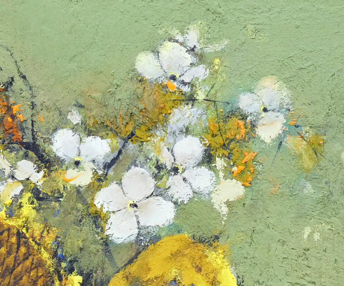 佐々木栄松「枯れたひまわりとサビタの花」油絵・F4号 絵画買取・販売