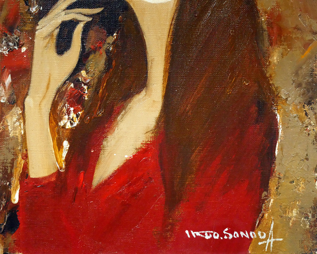 園田郁夫「女性像（赤い服）」油絵・F3号 絵画買取・販売の小竹美術