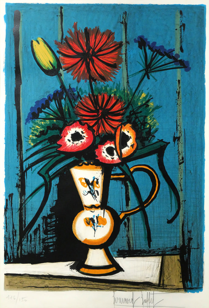 ベルナール・ビュッフェ（Bernard BUFFET）「青い背景の花束