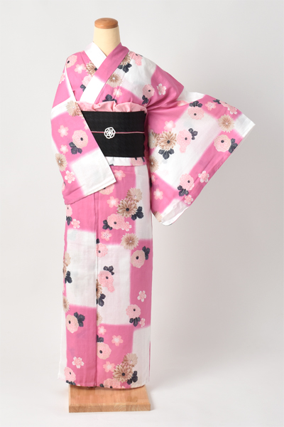 浴衣【ピンク・ホワイト×格子・桜・菊】3Lサイズ｜着物レンタルあき