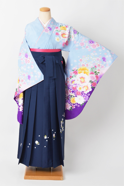 卒業袴［水色/花模様］｜着物レンタルあき (来店着付け無料・全国配送無料)