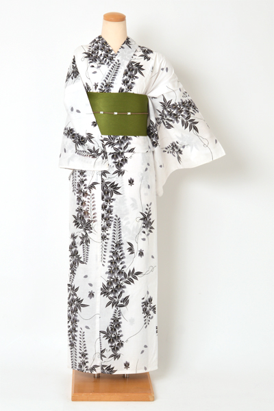 着物風浴衣(白地に藤の花)｜着物レンタルあき (来店着付け無料・全国