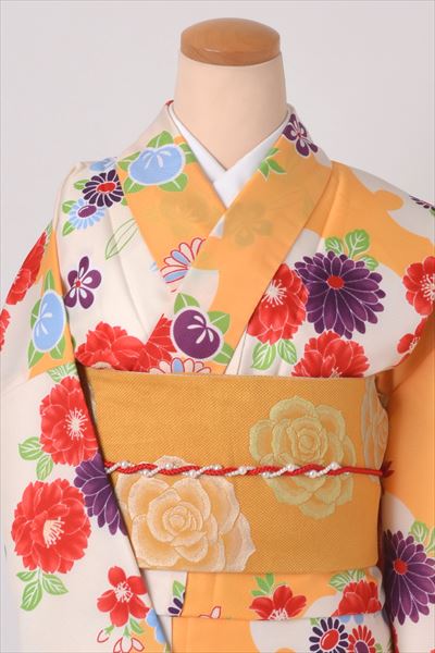 小紋［みかん色に花模様］｜着物レンタルあき (来店着付け無料・全国