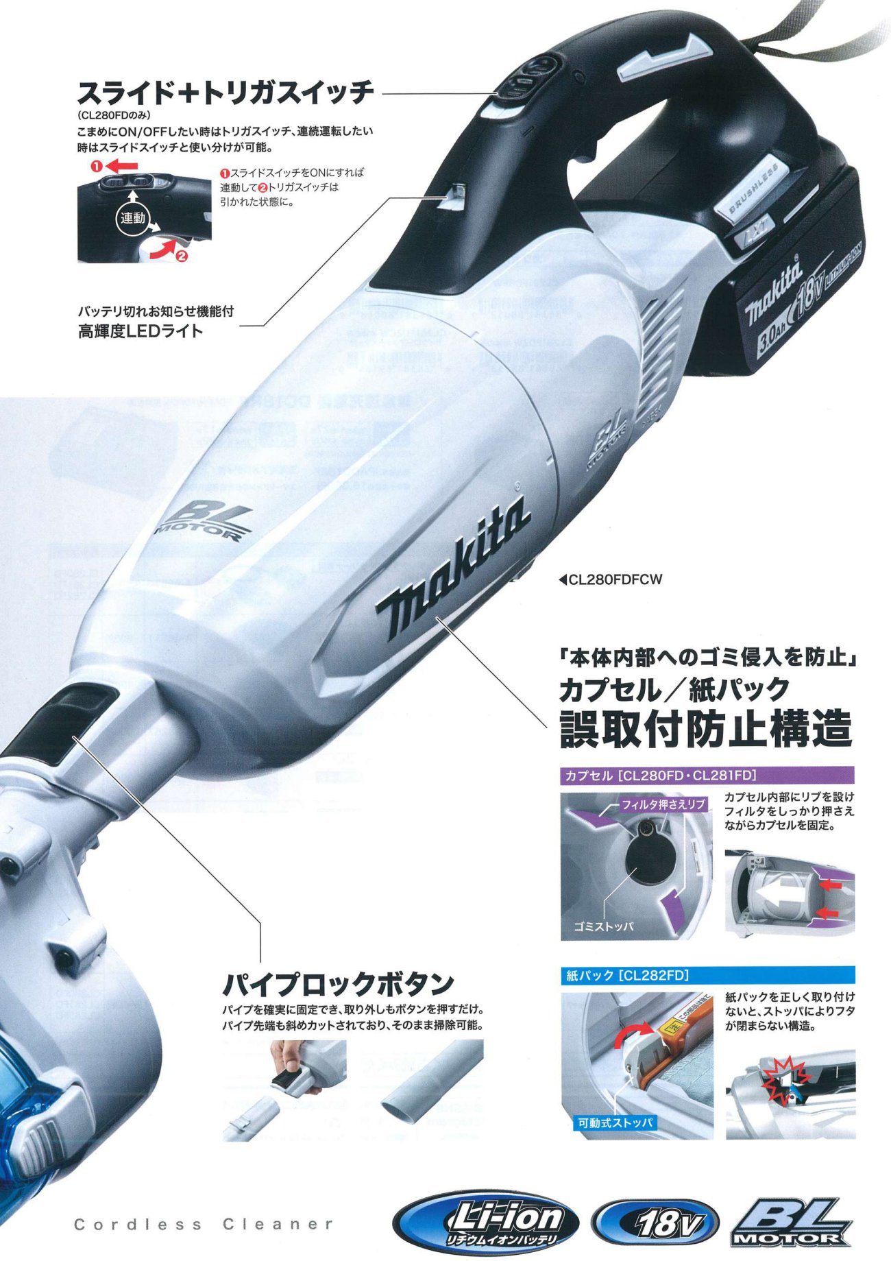 マキタ 充電式クリーナ (カプセル式&ワンタッチスイッチ) CL281FDRFW