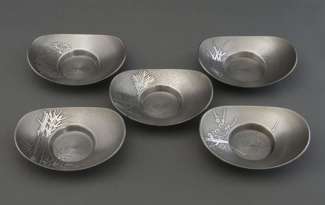 乾茂號（大阪錫器） 本錫製 茶托（イブシ小判）5枚組（蘭、竹、菊、梅