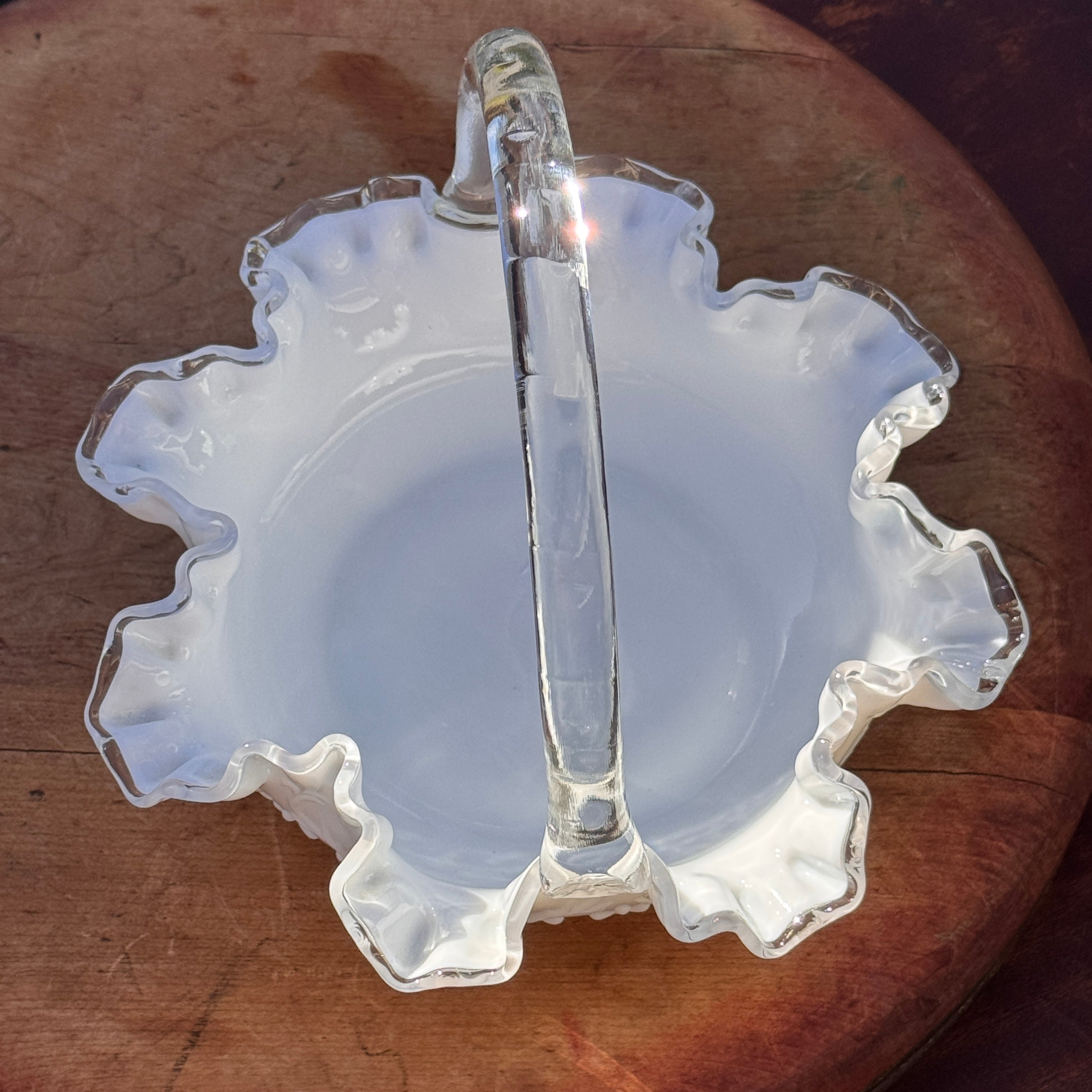 Vintage Fenton White Ruffled Silver Crest Spanish Lace Glass