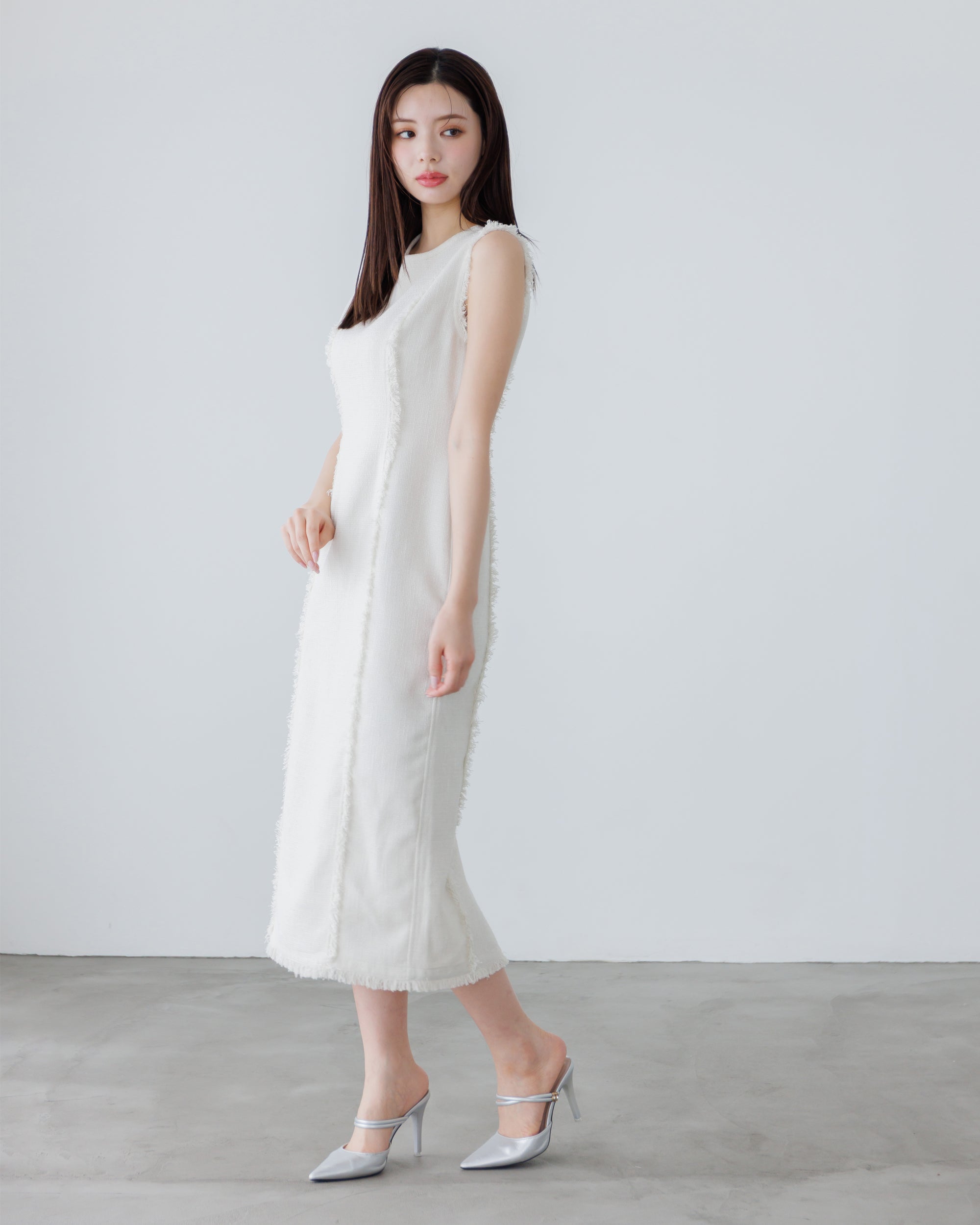 10%OFF】ノースリーブツイードフリンジワンピース – La lune