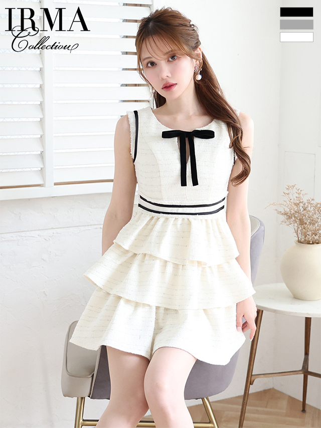IRMA/イルマ】ツイード リボン フリル ノースリーブ フレアミニドレス