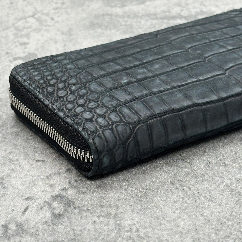クロコダイル長財布(ヌバック仕上げ) ラウンドファスナー 本革 黒