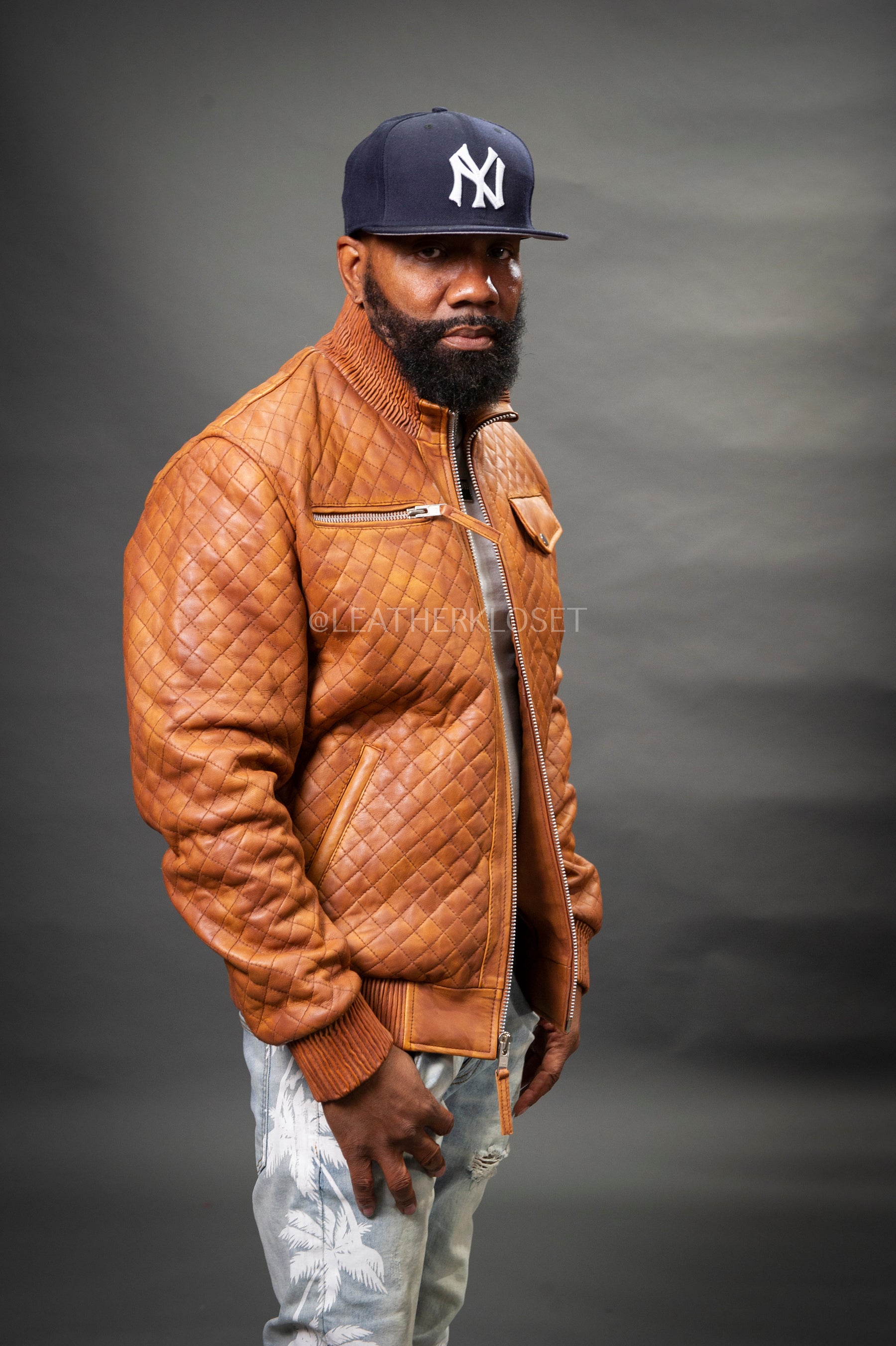 Men's Franklin Quilted Leather Bomber Jacket [Caramel Crunch