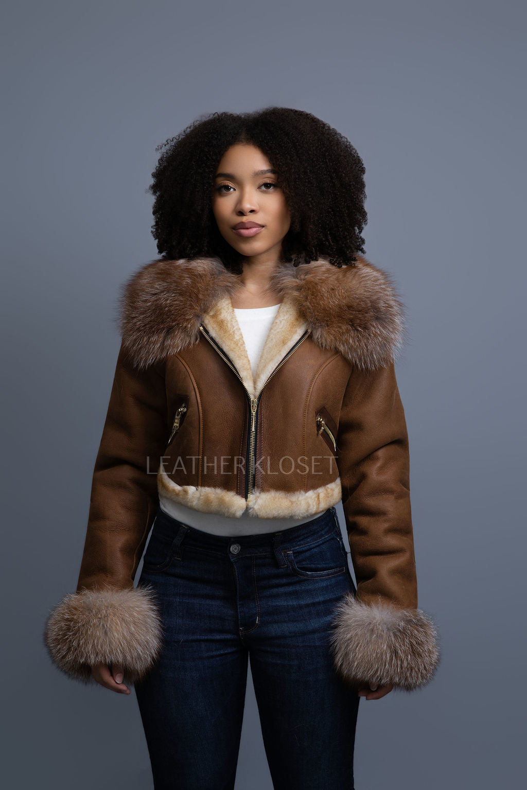 Women's Aurora Crop Sheepskin Jacket With Fox – LeatherKloset