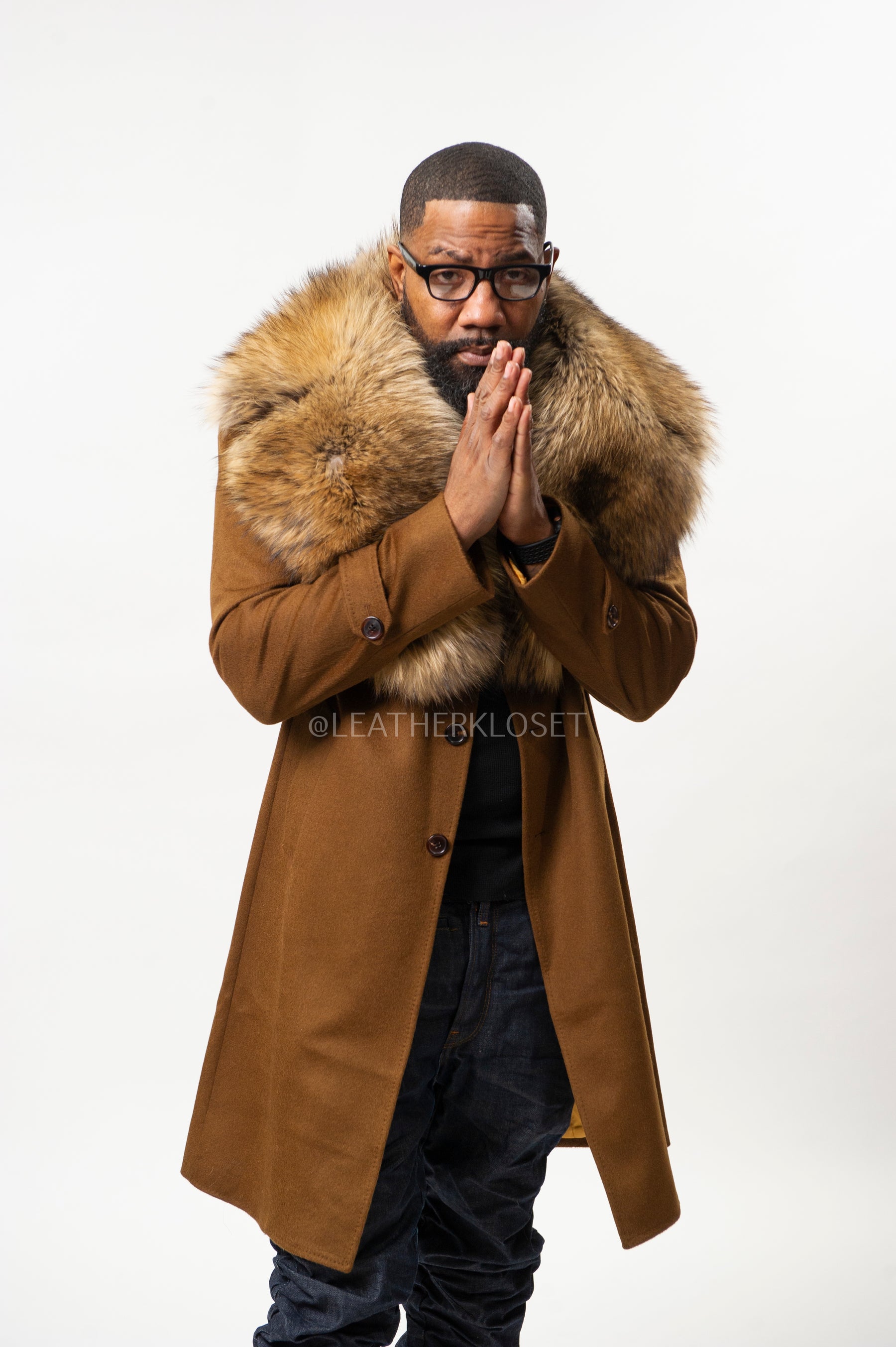 Men's Cashmere Trench Coat Brown With Fox Collar [Raccoon Fur