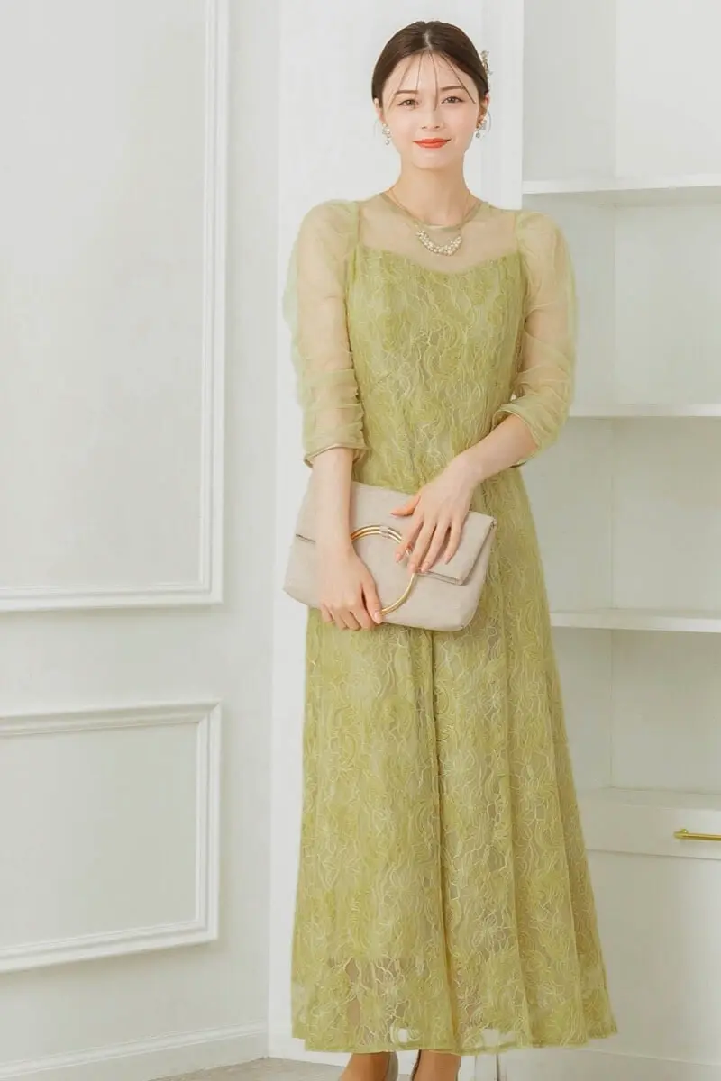 イエローのギャザースリーブレースドレス | Dorry doll | M | 結婚式