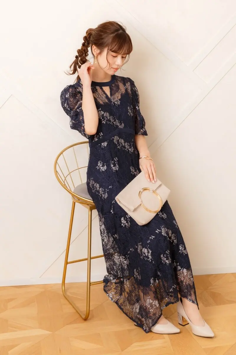 ネイビーのリーフ柄レースドレス | Dorry doll | M | 結婚式パーティー