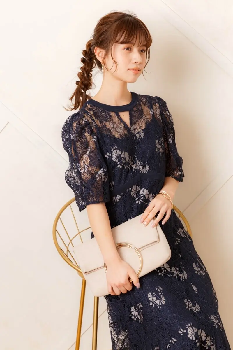 ネイビーのリーフ柄レースドレス | Dorry doll | M | 結婚式パーティー