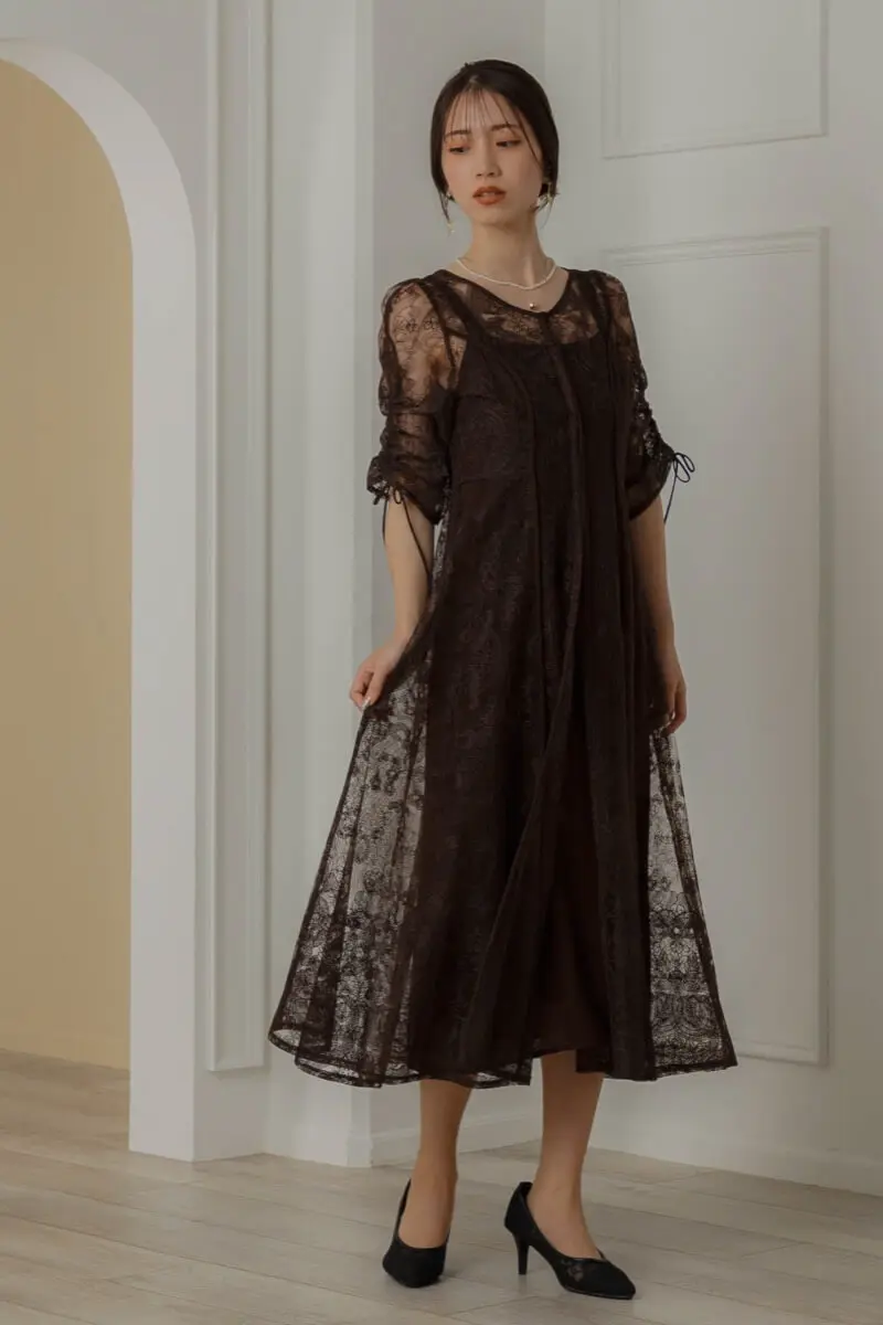 ブラウンのエンブロイダリーレイヤードドレス | Dorry doll | M
