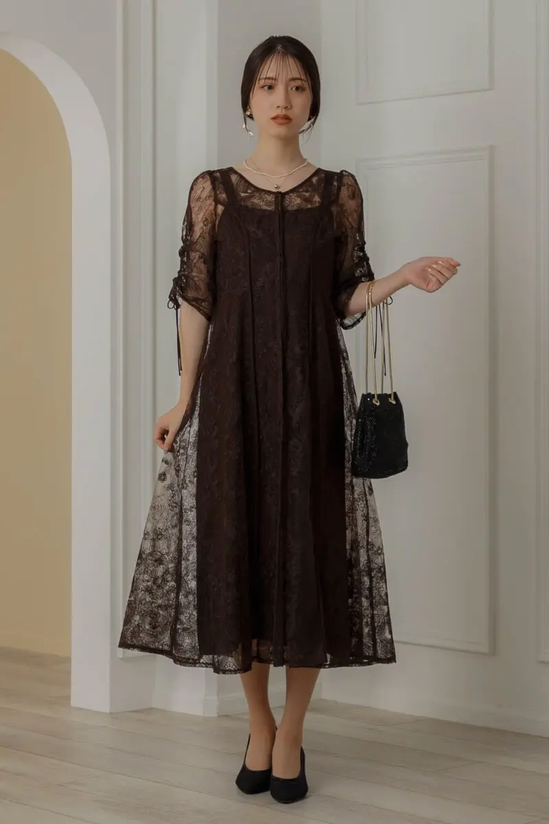 ブラウンのエンブロイダリーレイヤードドレス | Dorry doll | M