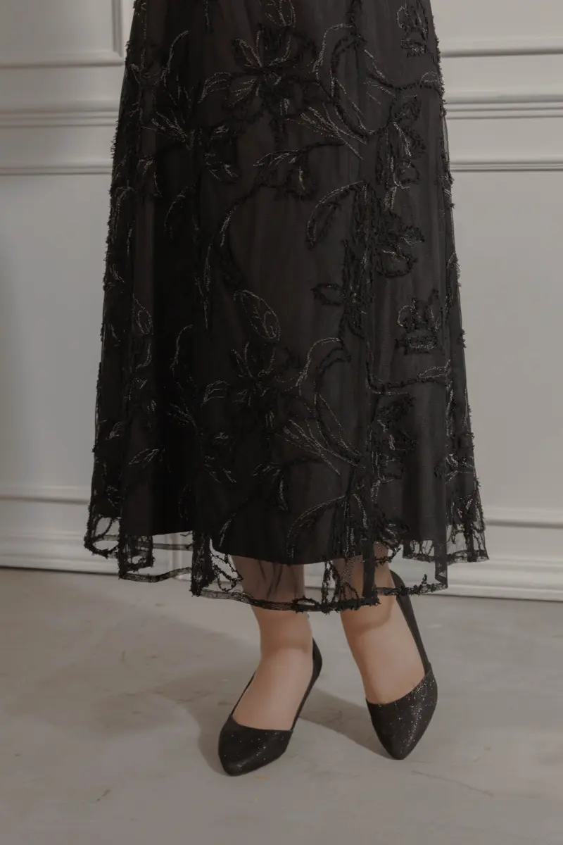 ブラックのフェザーフラワーカッティングドレス | metoi | M | 結婚式