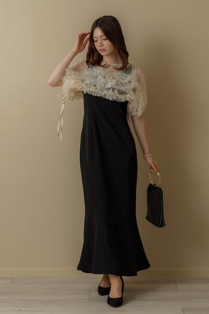 ベージュブラックのチュールトップスセットドレス | ANDRESD | S