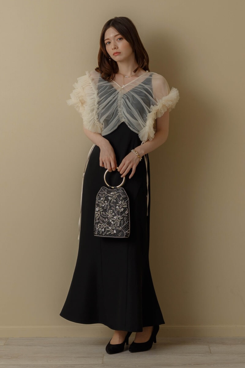 ベージュブラックのチュールトップスセットドレス | ANDRESD | S