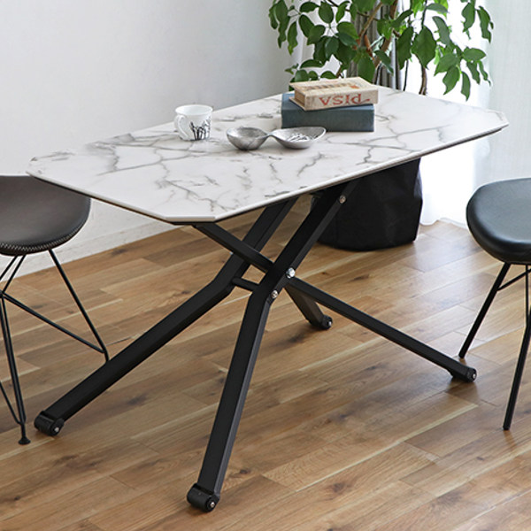 テーブル 高さ調整 幅110cm マーブル 大理石風 昇降式 センター