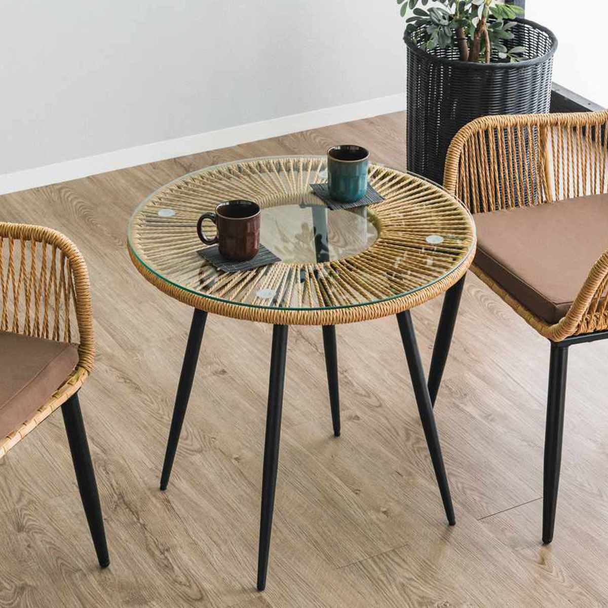 サイドテーブル 直径60cm ラタン調 ガラス マーレ （ テーブル カフェ