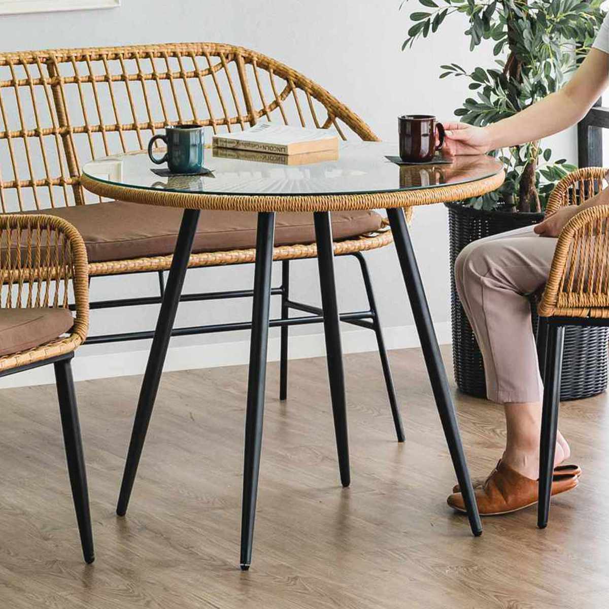 カフェテーブル 直径80cm ラタン調 ガラス マーレ （ テーブル