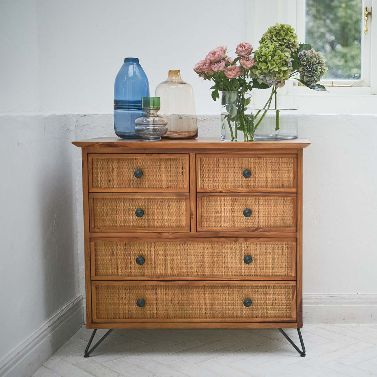 籐 チェスト 4段6杯 エスニック風 チーク材フレーム 幅80cm （ ラタン