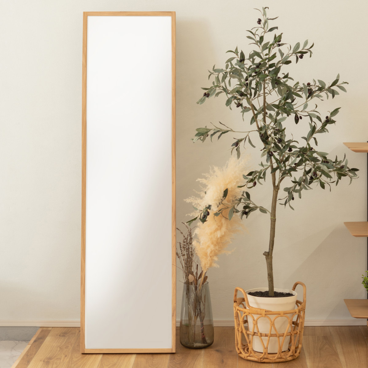スタンドミラー 高さ158cm 全身鏡 木製 ウォールミラー （ 木目